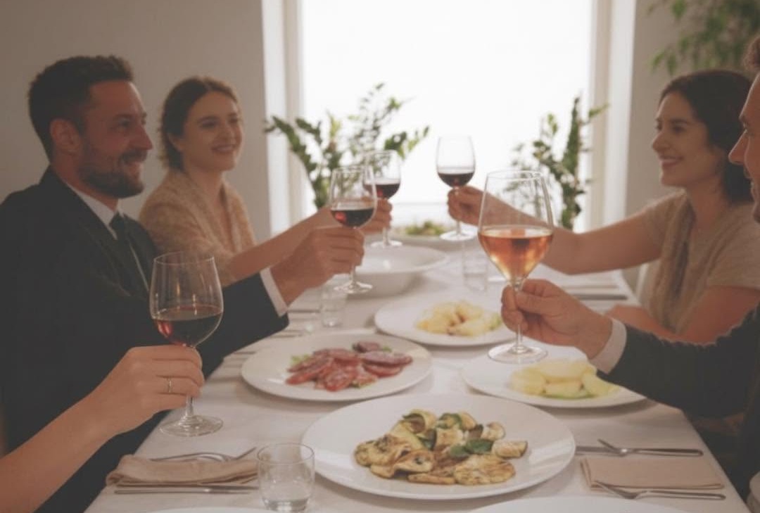 Amici brindano con vino rosso e rosato a una tavola con tovaglia bianca, salumi, verdure grigliate e formaggio a cubetti
